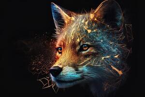 Fantasie Raster Bild von Fuchs Gesicht mit golden Stelle, generativ ai Tier Gesicht im das Tiefe von Galaxien und Sterne Fuchs foto