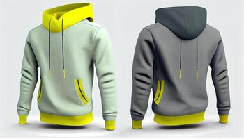 Kapuzenpullover Raglan Ärmel voll Reißverschluss mit Tasche zum Attrappe, Lehrmodell, Simulation, 3d machen, Vorderseite und zurück, Kopieren Raum, generativ ai foto