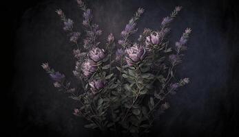 generativ ai, schließen oben von Blühen Blumenbeete von tolle Lavendel lila Blumen auf dunkel launisch Blumen- texturiert Hintergrund. fotorealistisch Wirkung. foto