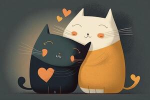Katze Liebe. Katze Paar umarmen, kuscheln und küssen. zwei süß Katze Kätzchen im Liebe halten rot Herz auf Valentinsgrüße Tag. generativ ai foto
