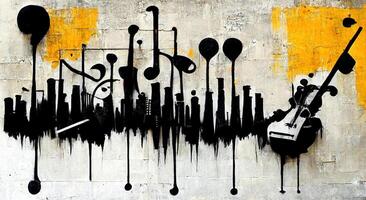 generativ ai, abstrakt Straße Kunst mit Schlüssel und Musical Instrumente Silhouetten. Tinte bunt Graffiti Kunst auf ein texturiert Papier Jahrgang Hintergrund, inspiriert durch Banken foto