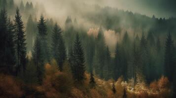 generativ ai, neblig Tanne Wald schön Landschaft im Hipster Jahrgang retro Stil, nebelig Berge und Bäume foto