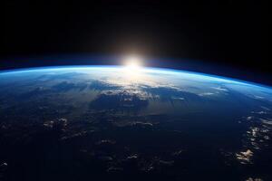 Sonnenaufgang Aussicht von das Planet Erde von Raum mit das Sonne Rahmen Über das Horizont. ai generativ foto