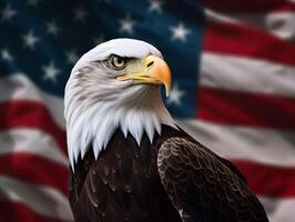 kahl Adler mit USA Flagge im das Hintergrund. ai generativ foto