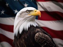 kahl Adler mit USA Flagge im das Hintergrund. ai generativ foto