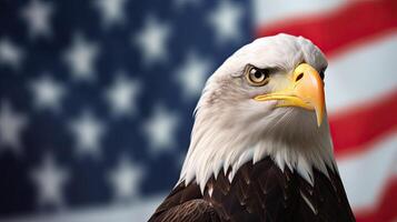 kahl Adler mit USA Flagge im das Hintergrund. ai generativ foto