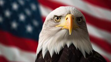 kahl Adler mit USA Flagge im das Hintergrund. ai generativ foto