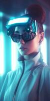 Porträt von schön Wissenschaft Fiktion Frauen mit virtuell Wirklichkeit Brille foto