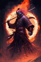 ein Samurai im ein dämonisch rot Maske auf das Schlachtfeld macht ein schwingen mit ein Katana Erstellen ein brutzelnd Feuer Ring um, er ist ein mystisch martialisch. Illustration Gemälde ai generativ foto