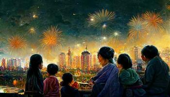 asiatisch Familie Aufpassen Feuerwerk und feiern zusammen. glücklich Neu Jahr durch malen. foto