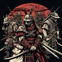 Samurai Krieger mit Katana Schwert. Ronin Samurai gegen fünf Feind umgeben Über zu Streit, Comic Stil generativ ai foto
