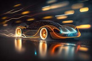 hyper Auto Neon- Hintergrund generiert ai. rationalisieren Prüfung Über das modern Auto Design, diffus Plastik Optik, etwas glühend Konturen erleuchten das Auto Einzelheiten, dunkel Szene, filmisch Blitz foto