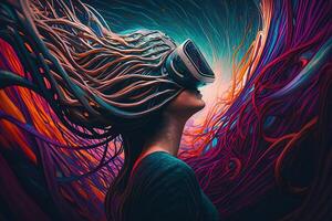 generativ ai Illustration von ein begeistert jung Frauen tragen virtuell Wirklichkeit Brille ist Innerhalb das Metaverse. Metaverse Konzept und virtuell Welt Elemente. Spiele und Unterhaltung von das Digital foto