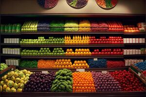 Gemüse Farmer Markt Zähler bunt verschiedene frisch organisch gesund Gemüse beim Lebensmittelgeschäft speichern. gesund natürlich Essen Konzept. generativ ai foto