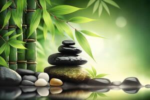 Bambus und Steine im ein Wellness Spa. generativ ai. Zen Steine und Bambus auf das Wasser. entspannen, genießen beim Spa Konzept foto