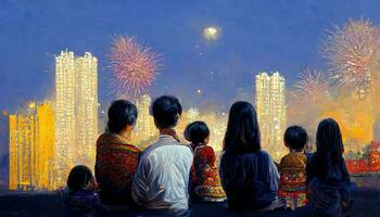 asiatisch Familie Aufpassen Feuerwerk und feiern zusammen. glücklich Neu Jahr durch malen. foto