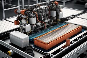 Innere von Industrie Fabrik, Roboter Versammlung Linie mit elektrisch Auto Batterie Zellen Modul auf Plattform. generativ ai foto