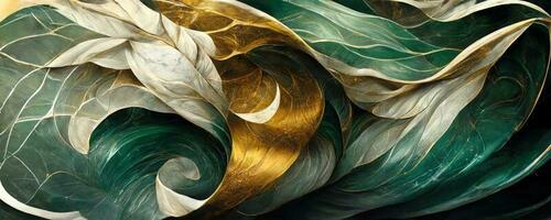 Marmor bewirken Hintergrund oder Textur. spektakulär abstrakt glitzernd golden solide Flüssigkeit Wellen. wirbelnd golden und Blau Pastell- Muster, leuchtenden golden und Grün Farbe, Marmor geometrisch, Jahrgang, foto