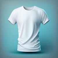 Weiß T-Shirt Attrappe, Lehrmodell, Simulation auf Blau Hintergrund, generativ ai foto