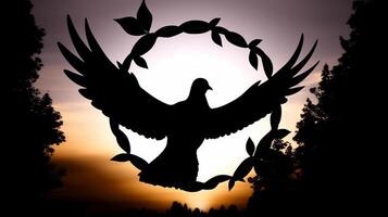 Silhouette von ein Taube auf ein Hintergrund von das Sonne. International Frieden Tag Konzept, ai generativ foto