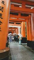 Kyoto, Japan im April 2019. Touristen nehmen Bilder und Gehen im das Fushimi Inari Bereich von Kyoto. foto