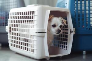 Hund im Träger Käfig. Reisen mit Haustier. generativ ai foto
