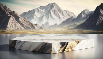 Marmor Stein Podium im das Wüste mit Berge im das Hintergrund, generativ ai foto