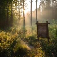 leeren hölzern Zeichen auf Kante von Wald auf Sommer- ,generativ ai foto