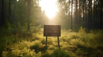 leeren hölzern Planke auf Kante von Wald auf Sommer- ,generativ ai foto