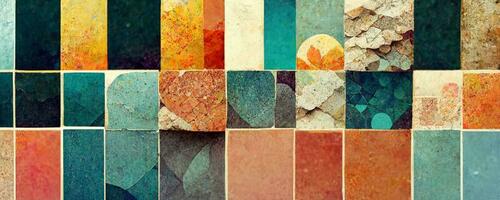 künstlerisch bunt Mosaik Muster. Collage zeitgenössisch drucken mit modisch dekorativ Mosaik Muster mit anders Farben, modern Kunst. Banner Konzept foto