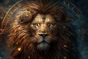 Hintergrund von heilig Tierkreis Löwe Symbole, Astrologie, Alchimie, Magie, Zauberei und Vermögen erzählen. generativ ai Digital malen. Tierkreis Zeichen Löwe auf das sternenklar Himmel schließen oben foto