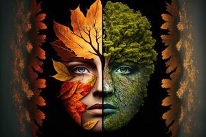 generativ ai Illustration von das vier zeitlich Jahreszeiten im einer Gesicht, einer rahmen, einer Baum. Natur Konzept. digital generiert Bild foto