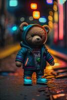 Spielzeug süß Bär im Kleider Jacke und Turnschuhe auf Straße Hintergrund mit Neon- Beleuchtung, generativ ai foto