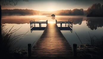 zentriert Dock Dehnen in ein See, Morgen Licht. ai generiert foto