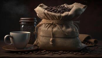 Kaffee Tasse mit Sackleinen Sack von geröstet Bohnen. ai generiert foto