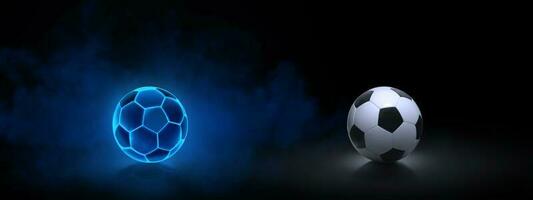 Fußball Ball mit hell Blau glühend Neon- Linien und Fußball Ball auf dunkel Hintergrund mit Rauch foto