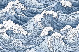 dynamisch Ozean Surfen Welle dekorativ nahtlos Muster. Hand gezeichnet Illustration. ai generiert foto