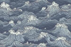 abstrakt Ozean Surfen Welle nahtlos Muster. Hand gezeichnet Illustration im retro Stil. generiert ai foto