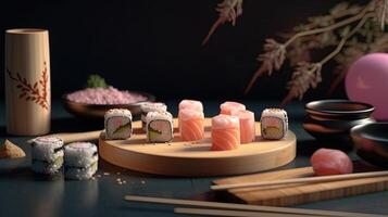 Sushi Rollen im ein warm und einladend Einstellung. isoliert auf ein gemütlich Hintergrund. großartig zum Ihre Speisekarte, Essen, oder kulinarisch Illustrationen. generativ ai. foto