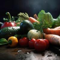 groß einstellen organisch Lebensmittel. frisch roh Gemüse. auf ein schwarz Hintergrund. generativ ai foto