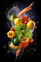 schwarz Hintergrund mit ein Sortiment von frisch Gemüse, Früchte, und Wasser Spritzer. gesund Lebensmittel. generativ ai. foto