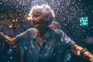 sorglos alt Frau trägt glänzend Kleid und Tanzen beim ihr Jahrestag Party. generativ ai Illustration foto