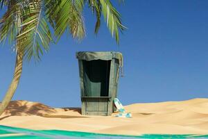 Strand Hütte mit ein Tafel im das Sand 3d machen foto