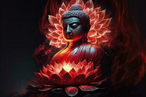 schön Licht Spektrum Buddhas Licht blinken, hell Rot, Gelb Lotus Blume, Verbrennung wolkenartig Blütenblätter, umgeben durch Magie Chaos Licht, Weiß Rauch, fallen reflektiert Licht, Wasser Muster. foto