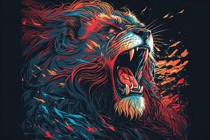 Poster von Löwe brüllen, abstrakt Poster von ein gefährlich und mächtig brüllend männlich Löwe. generativ ai. kreativ Feuer Flammen Kunst Farbe Kommen von das wütend König von das Dschungel. foto