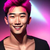 gut aussehend asiatisch Kerl mit Rosa Haar und neonbeleuchtet Hintergrund 3d fotorealistisch Illustration Porträt ai generiert foto