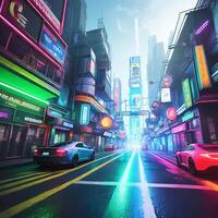 3d surreal fotorealistisch neonbeleuchtet futuristisch Spielen Szene mit Sport Auto Illustration ai generiert foto