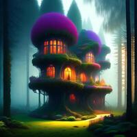 minimalistisch organisch Haus im das mysteriös neblig Wald ai generiert foto