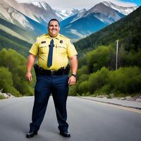 süß Polizei Offizier mit komisch Uniform auf bergig Hintergrund ai generiert foto