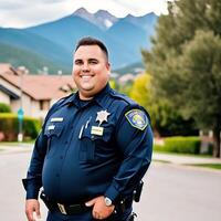 Fett Polizei Offizier mit dunkel Marine Blau Uniform Stehen im das Gegend mit bergig Hintergrund ai generiert foto